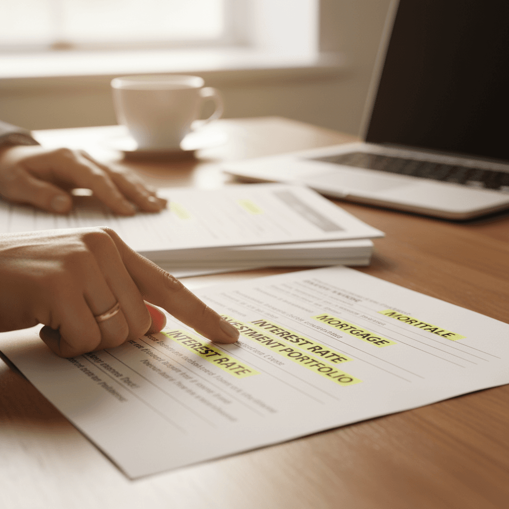 Profesional de banca señalando terminología financiera en inglés en un documento