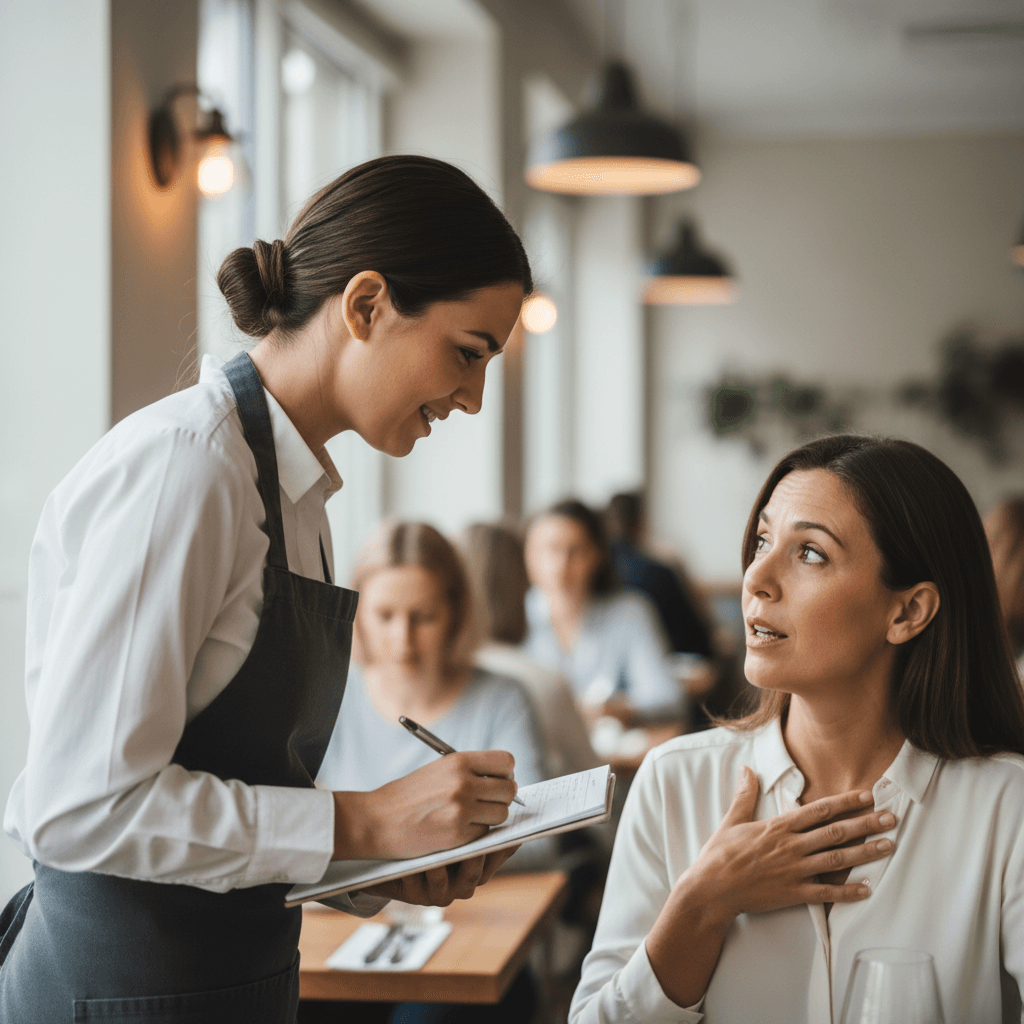Mesero escuchando restricciones dietéticas de un cliente