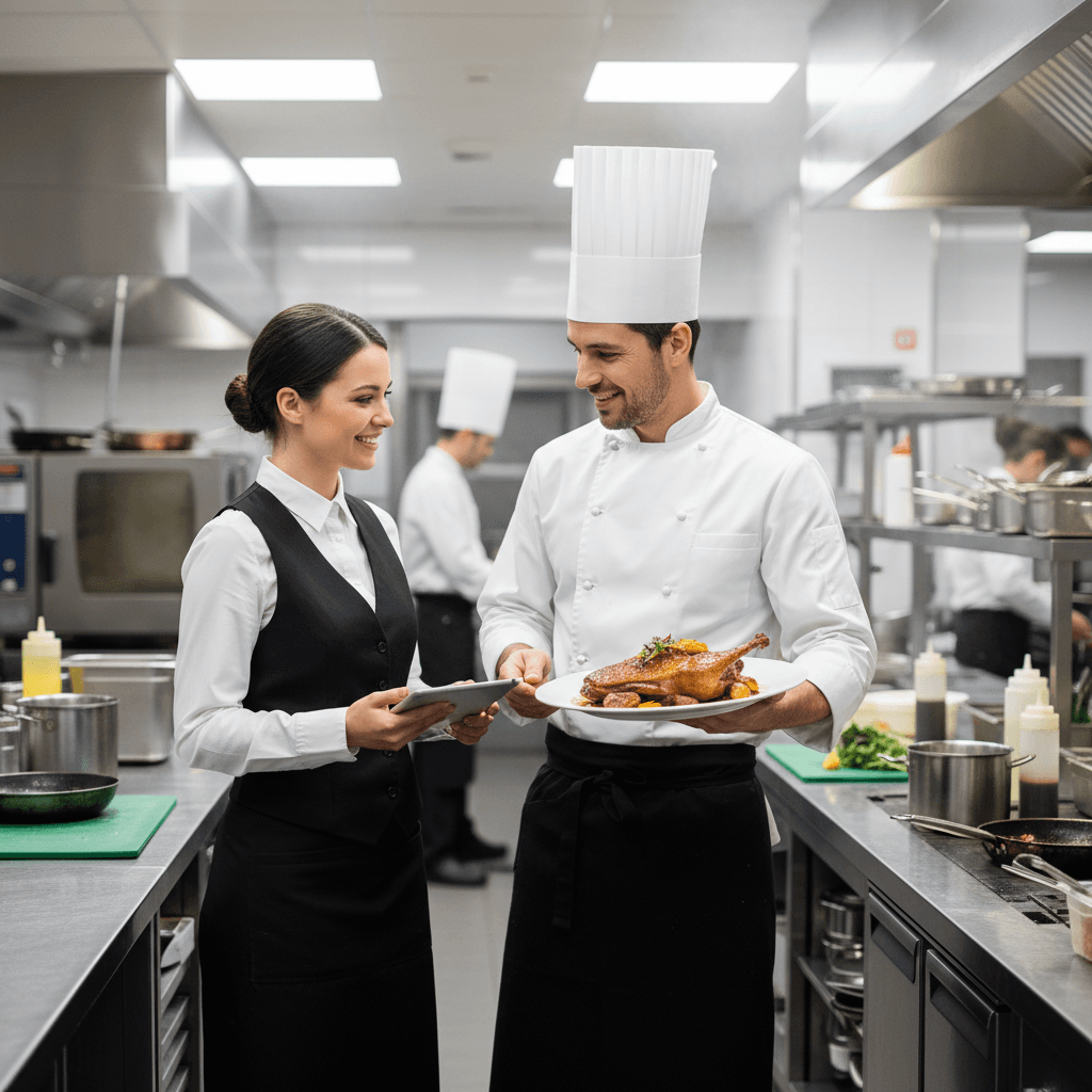 Mesero atendiendo clientes internacionales en restaurante moderno