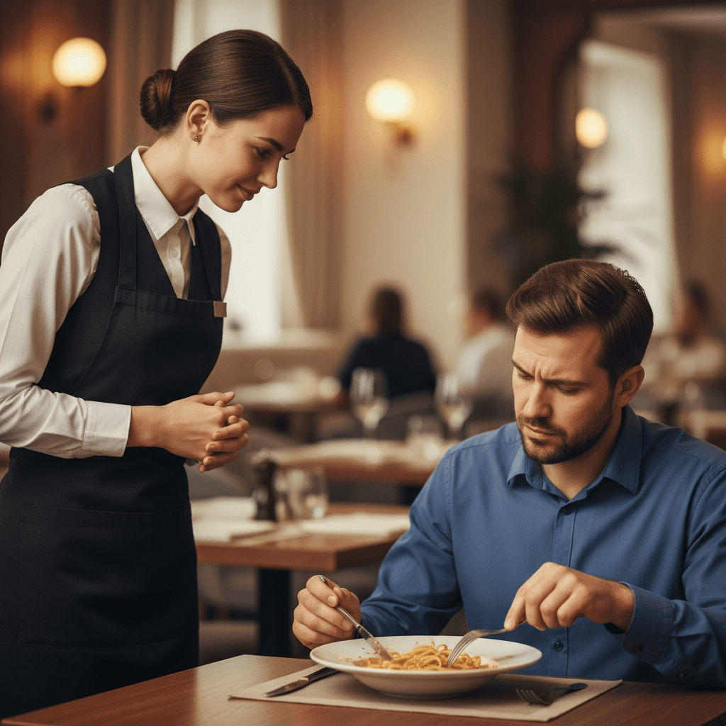 Mesero resolviendo una queja de cliente en inglés