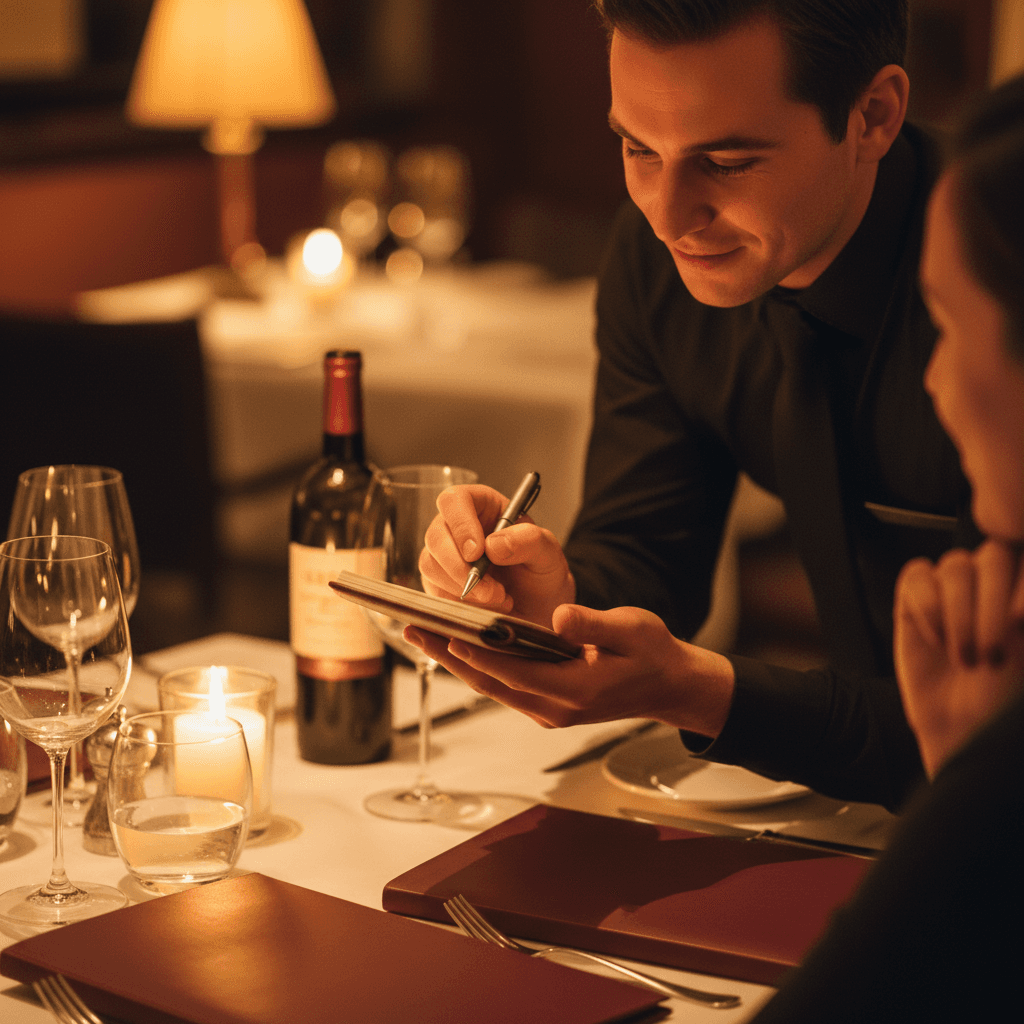 Mesero tomando un pedido en inglés a un cliente