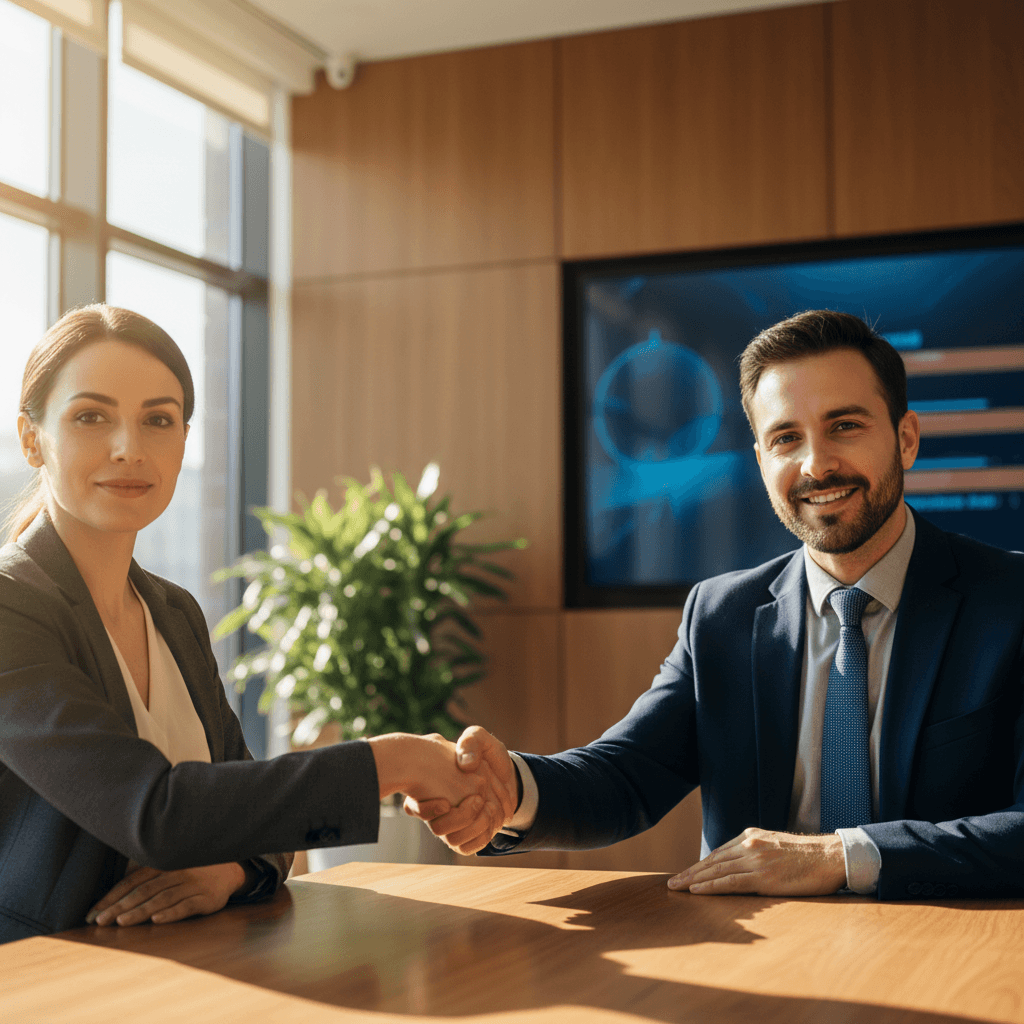 Profesional de ventas presentando con confianza a un cliente internacional