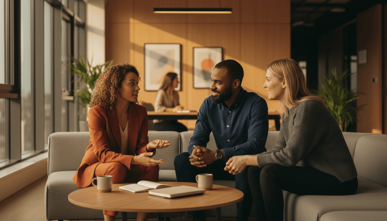 Equipo profesional colaborando en una conversación de negocios en un ambiente moderno y acogedor