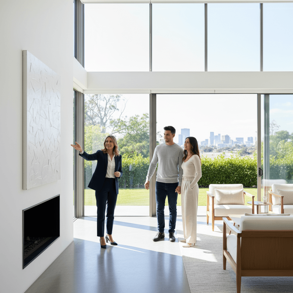 Agente inmobiliario mostrando propiedad a compradores internacionales