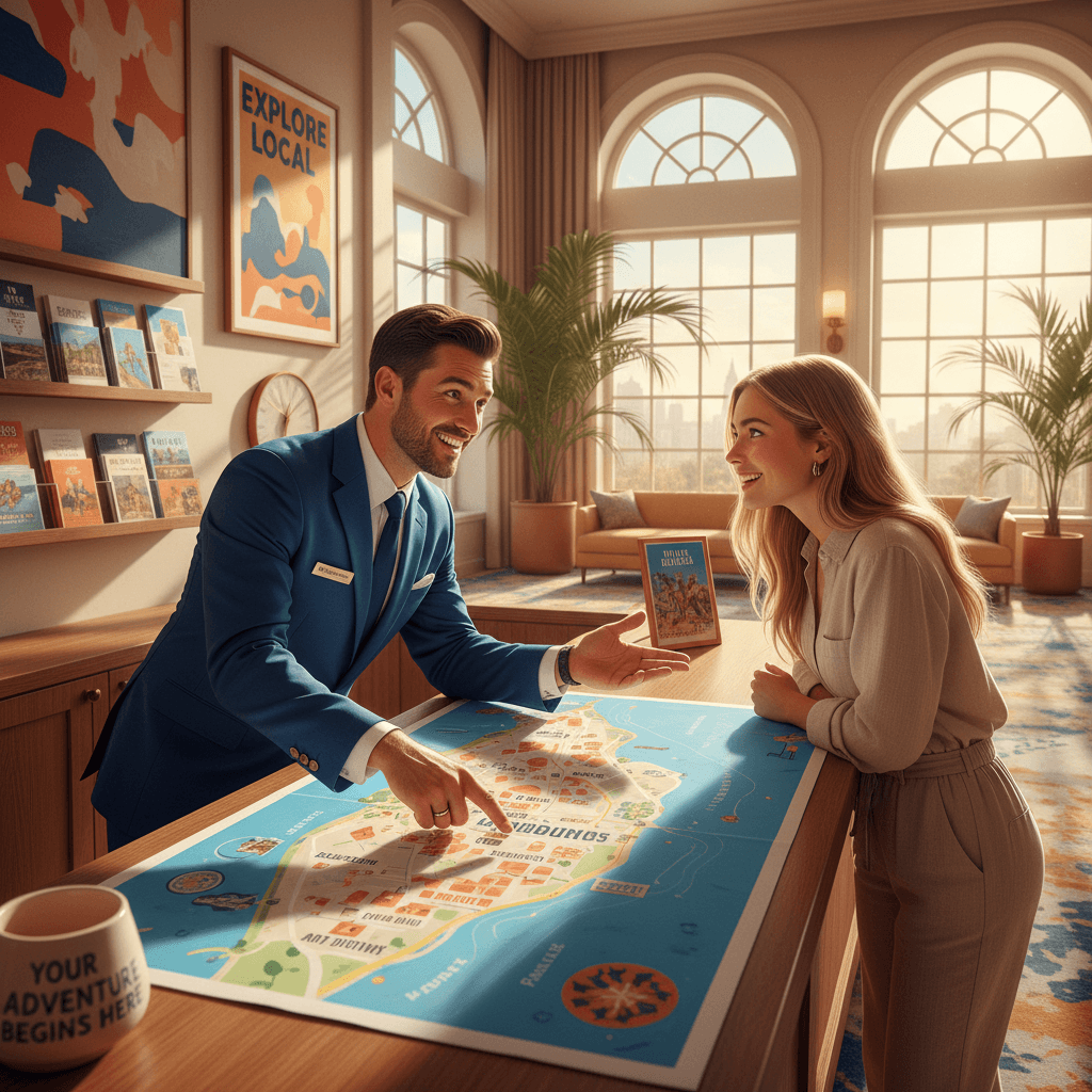Conserje recomendando atracciones locales a huésped