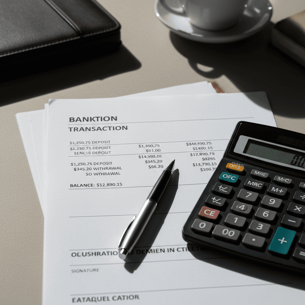 Documentos de transacciones bancarias y calculadora en un escritorio profesional