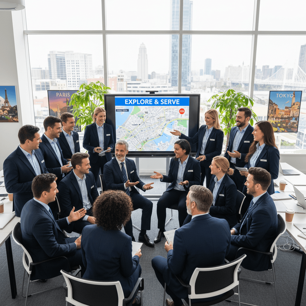 Grupo de profesionales de turismo demostrando confianza y habilidades de comunicación en inglés