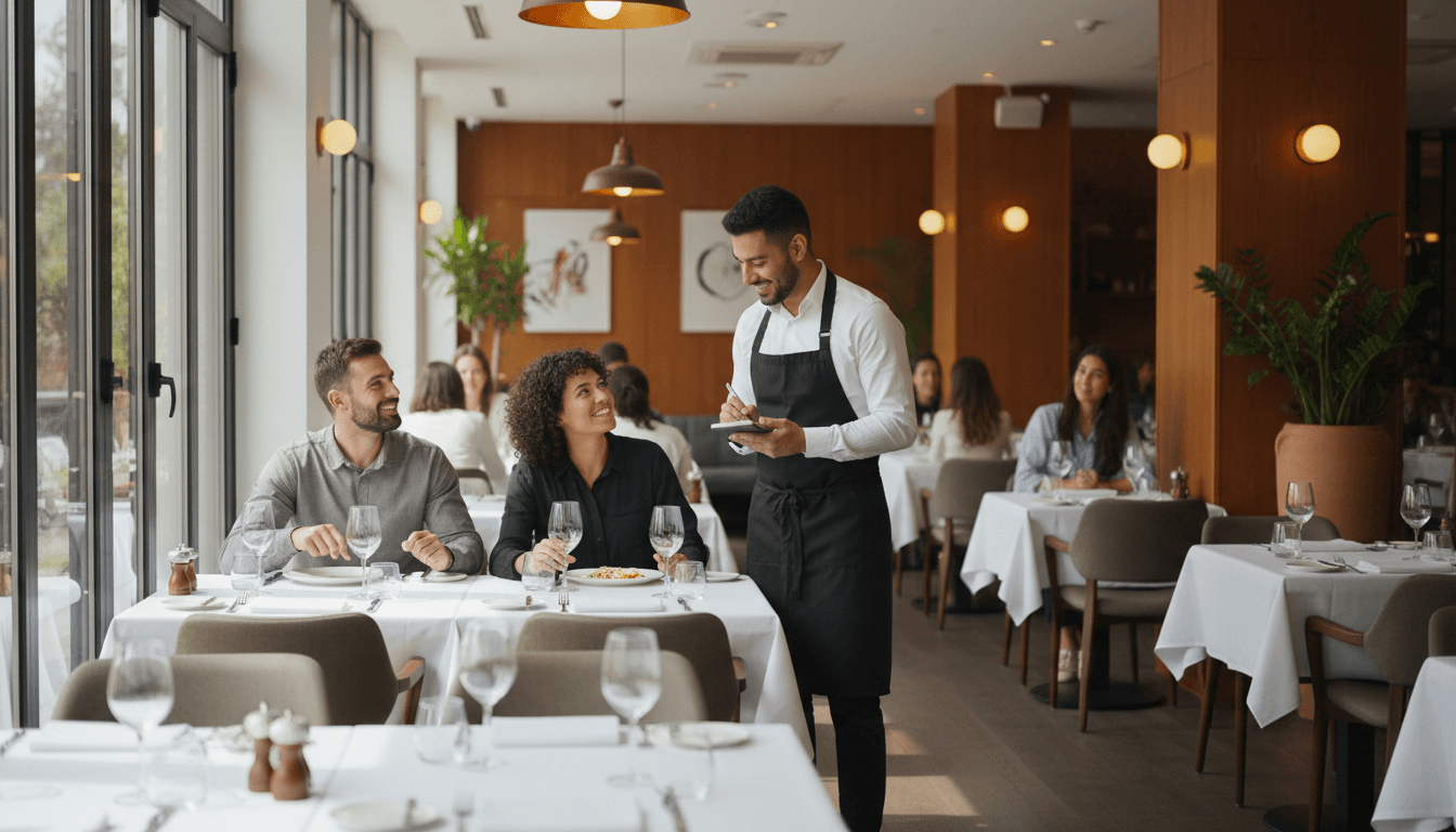 Mesero profesional sonriente en un restaurante moderno y acogedor, atendiendo a clientes internacionales con confianza