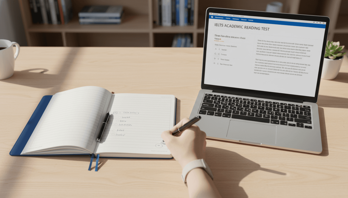 Escritorio de estudio con materiales de preparación para exámenes IELTS y TOEFL