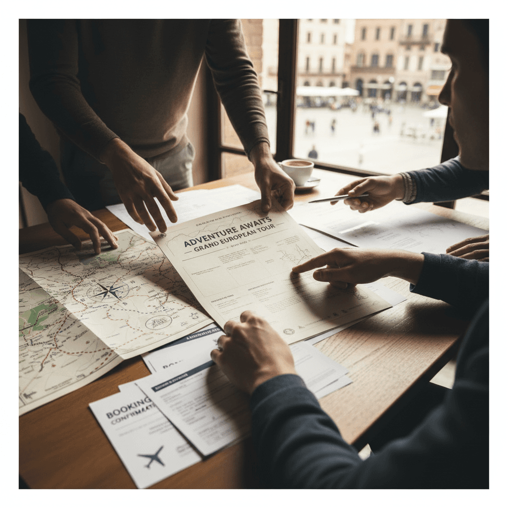 Manos sosteniendo materiales de itinerario y logística de tours durante una planificación