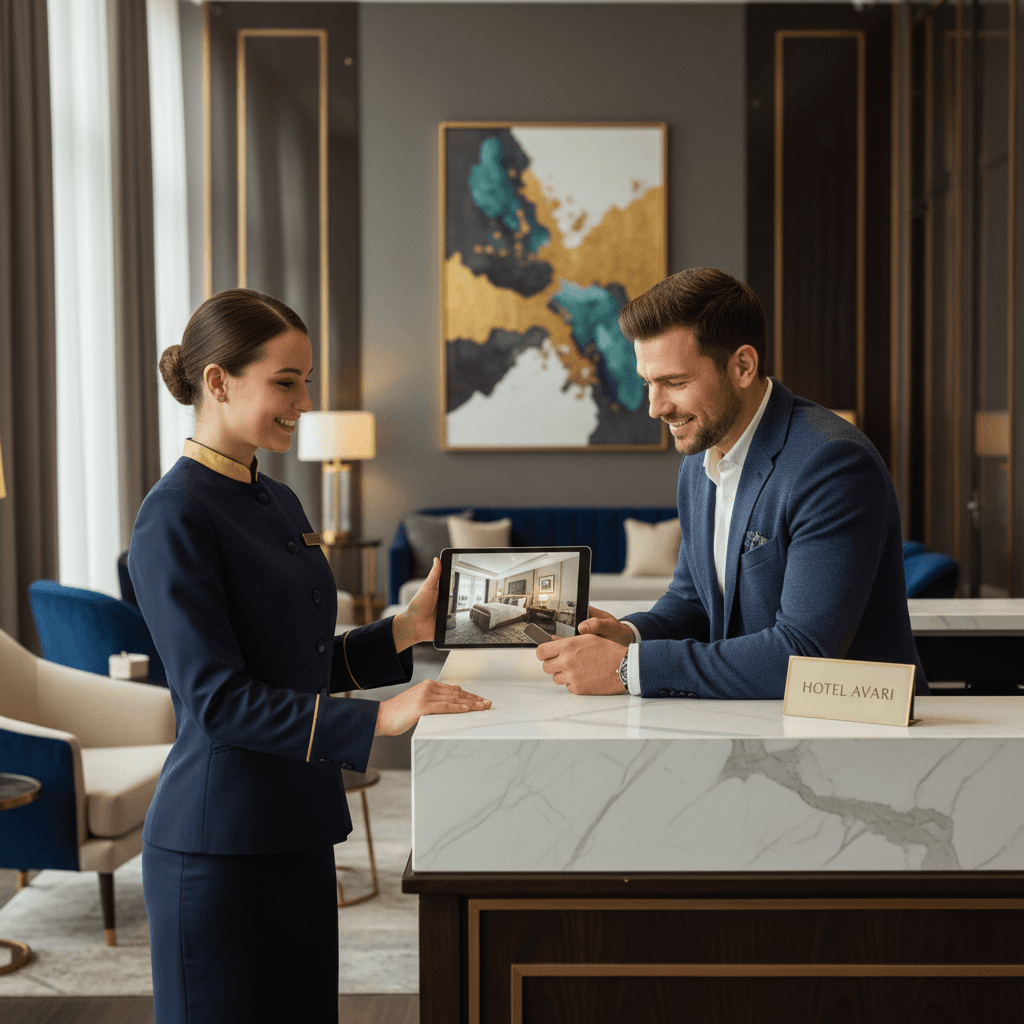 Empleado ofreciendo mejora de habitación a huésped