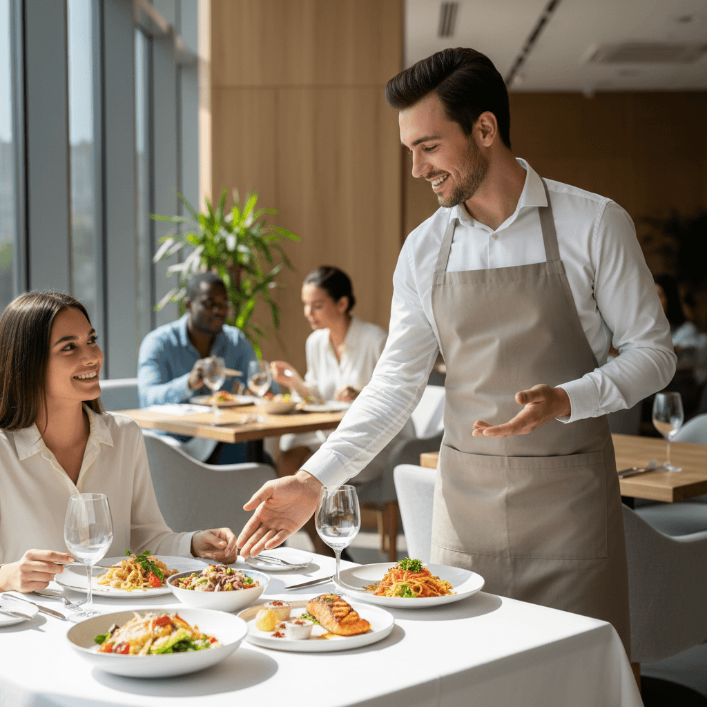 Mesero explicando el menú y especiales en inglés