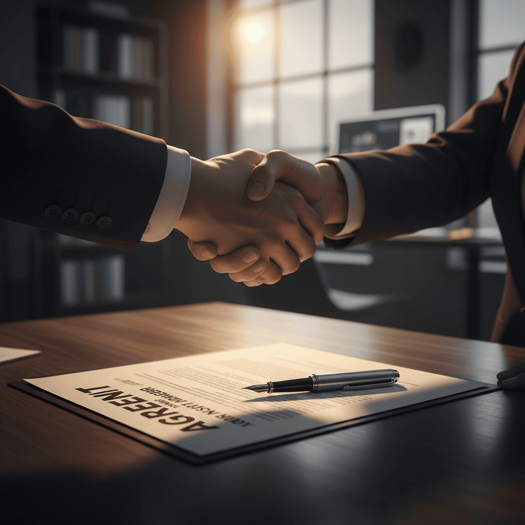 Cierre de trato con apretón de manos entre agentes inmobiliarios