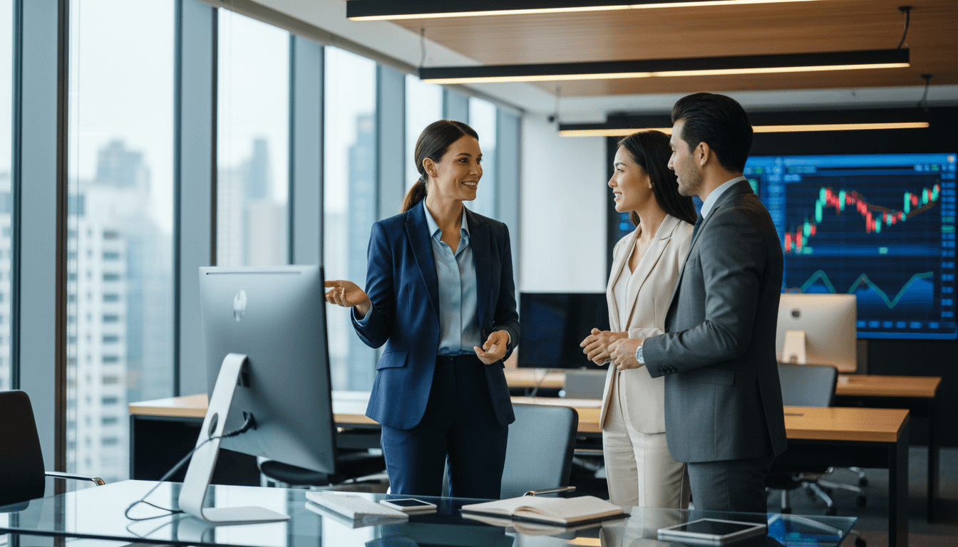 Profesional de banca en conversación con clientes internacionales en oficina moderna