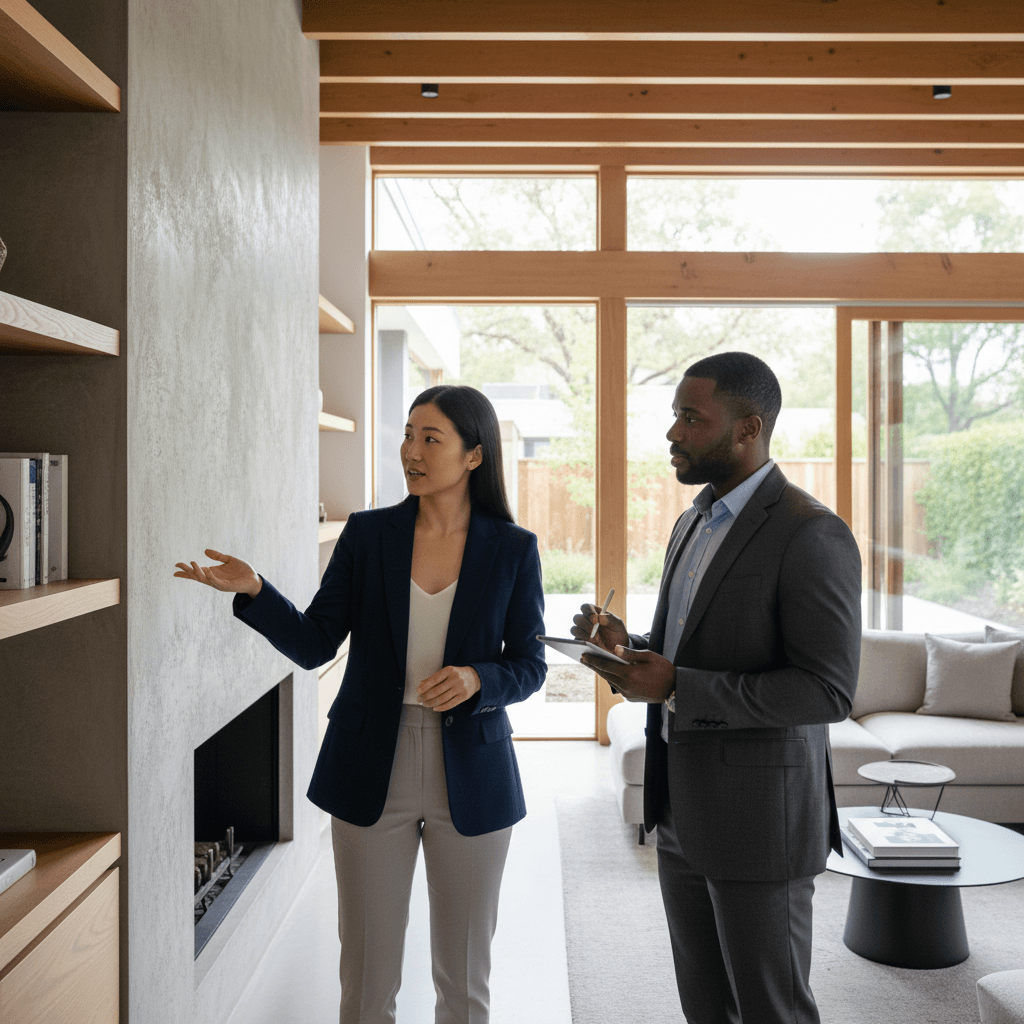 Dos agentes inmobiliarios negociando en una propiedad