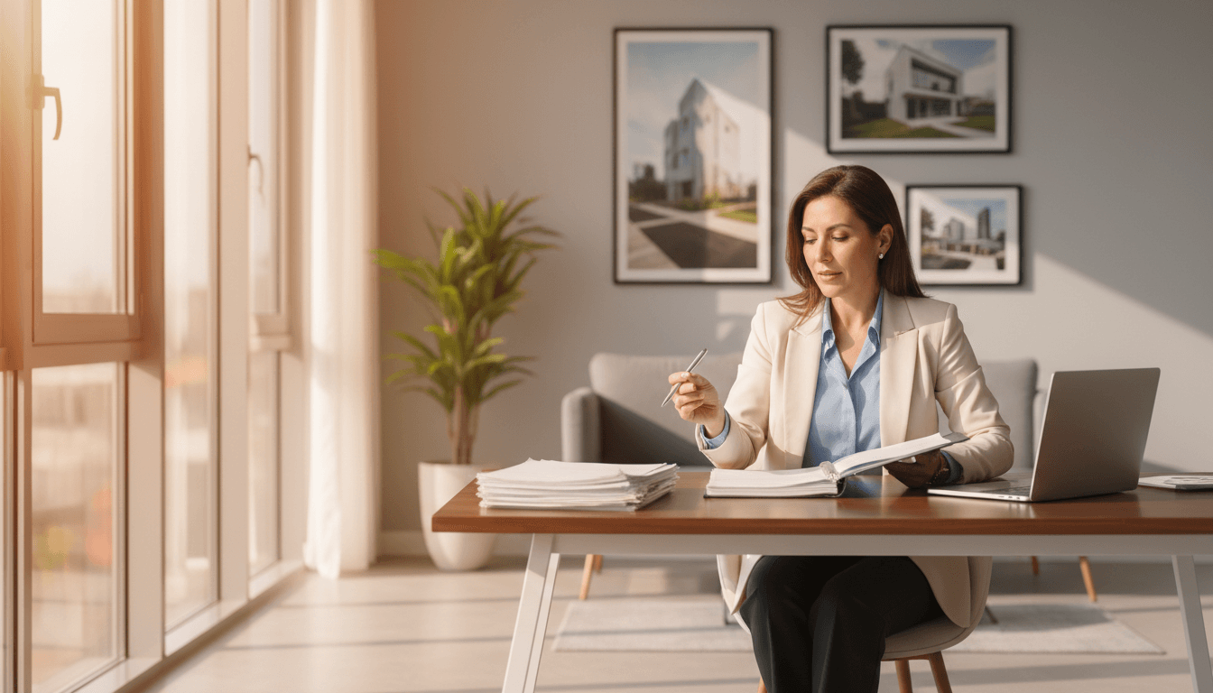 Agente inmobiliaria profesional trabajando en su escritorio en una oficina moderna con luz natural
