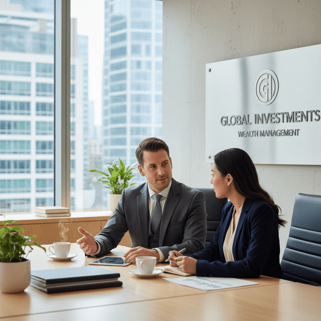 Ejecutivo de banca asesorando a cliente internacional en oficina profesional