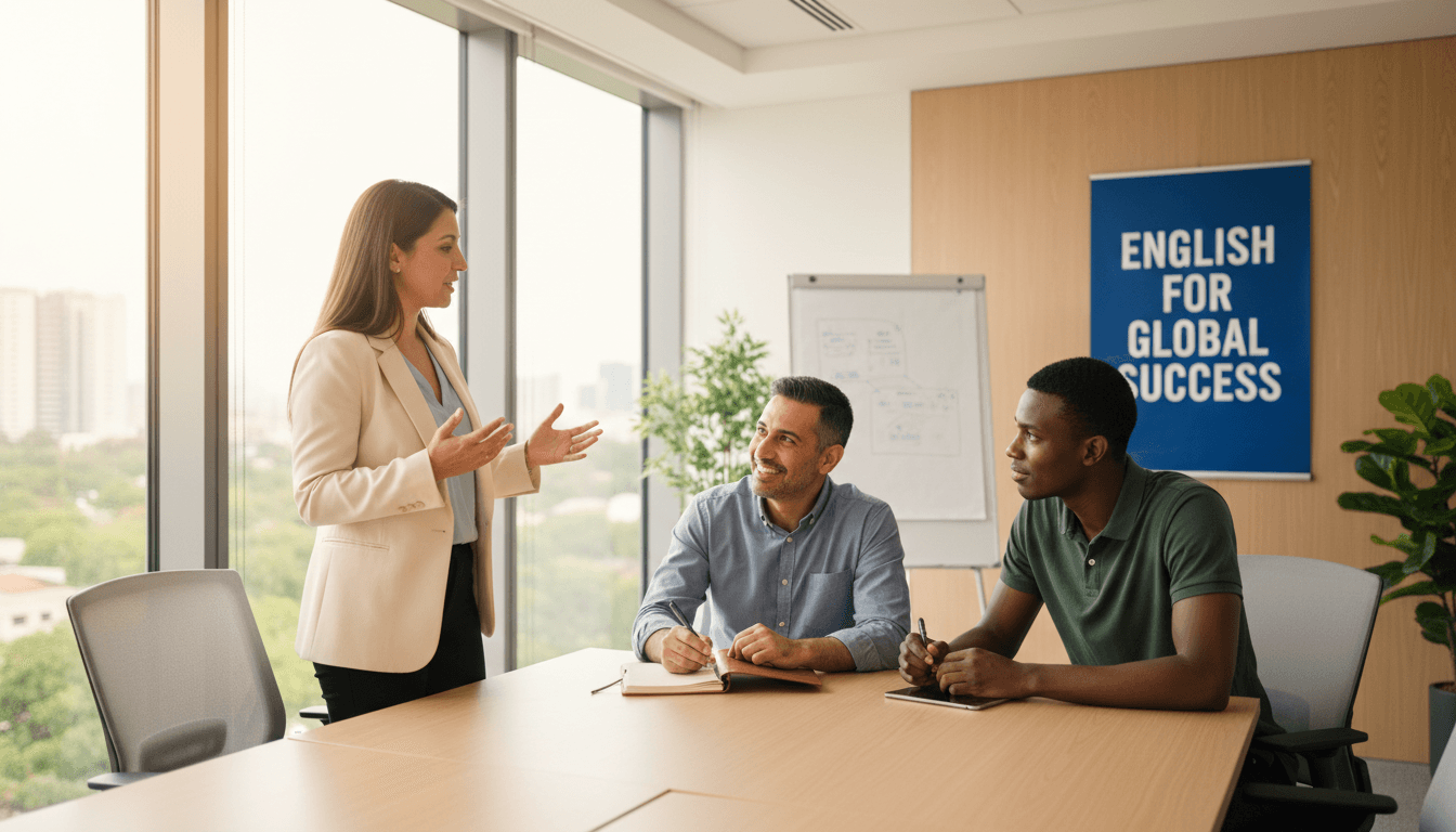 Profesionales en una clase de inglés colaborativa en un ambiente moderno y acogedor
