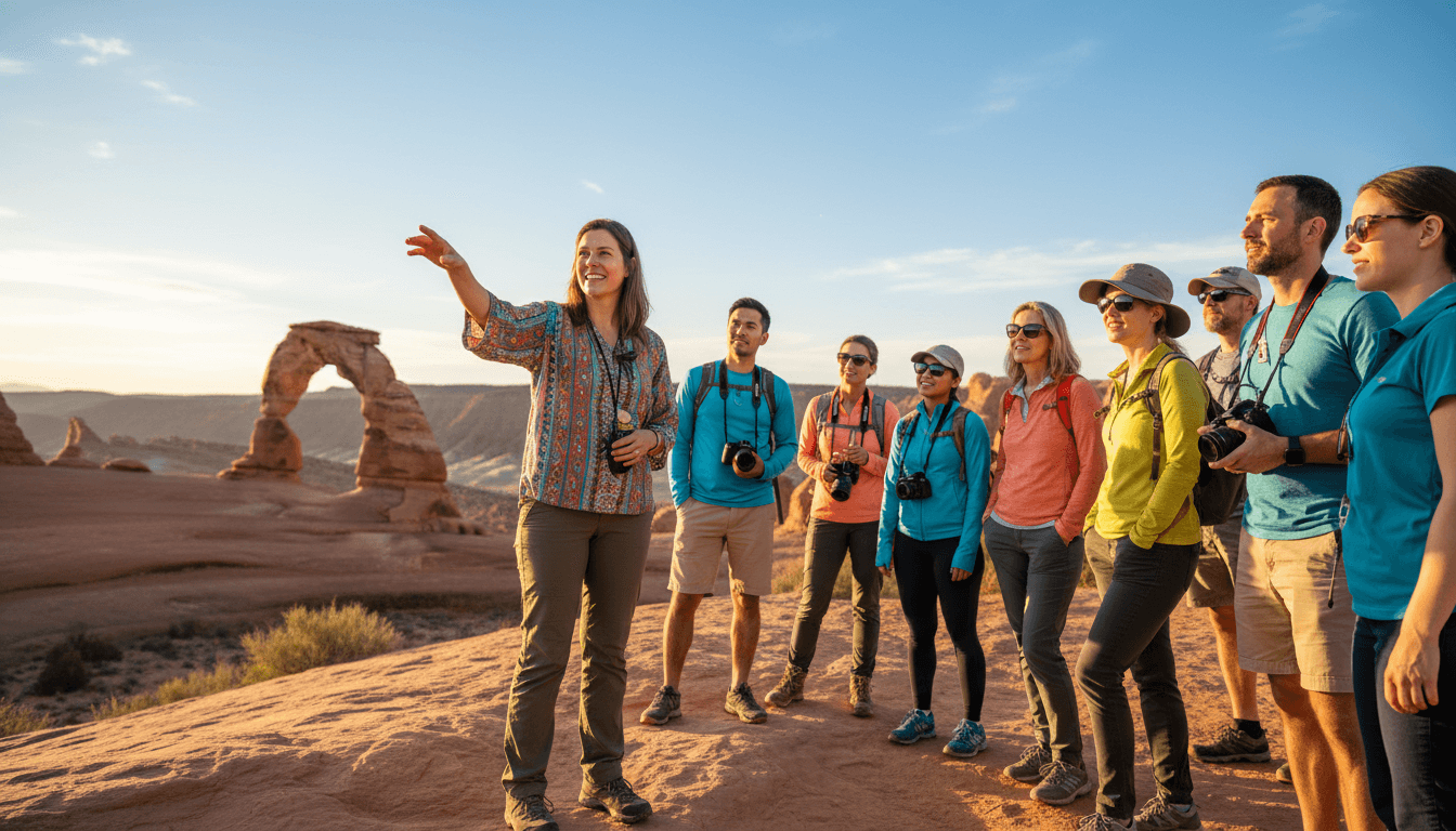 Guía de turismo enseñando inglés a visitantes internacionales en un destino turístico