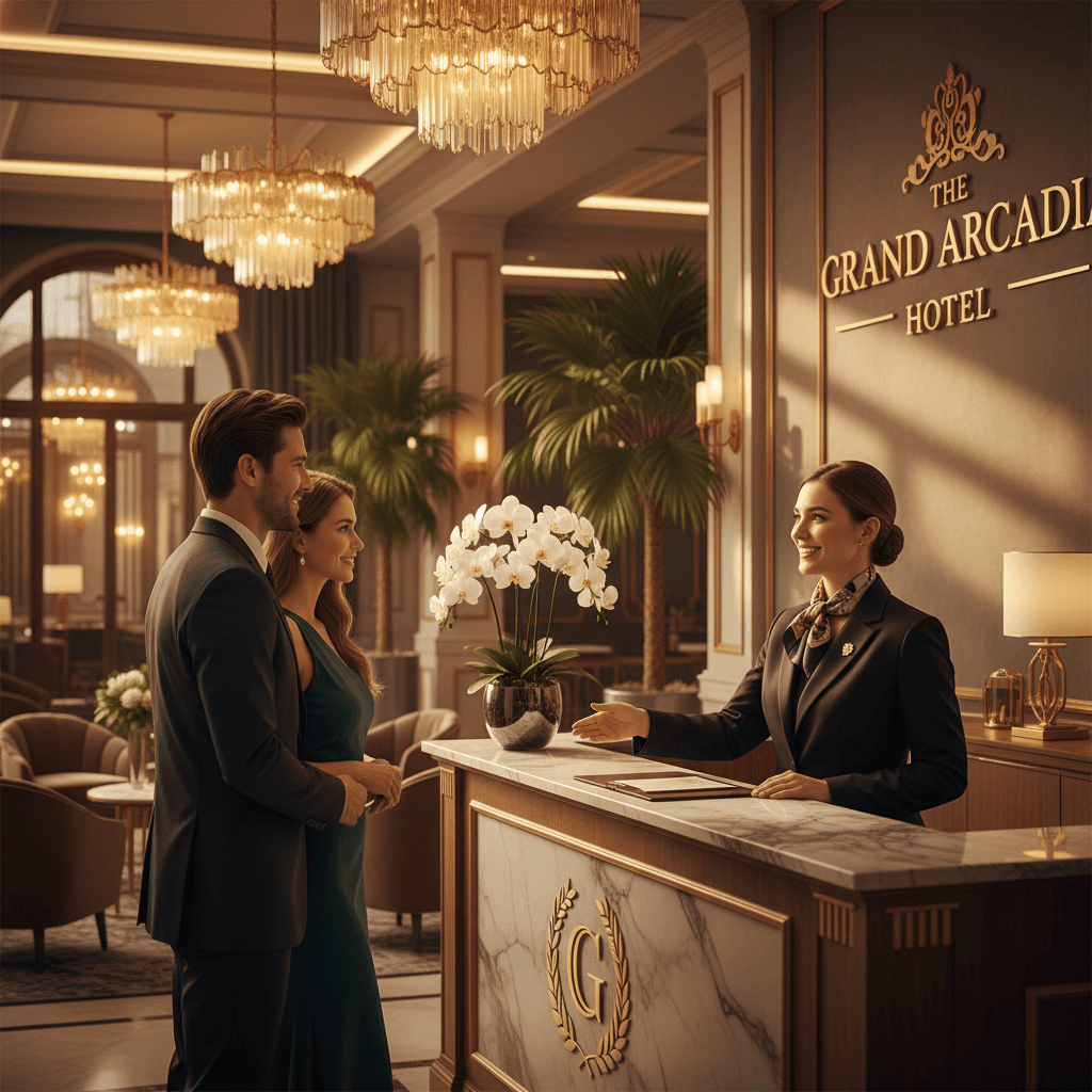 Personal de hotel atendiendo huéspedes en recepción moderna