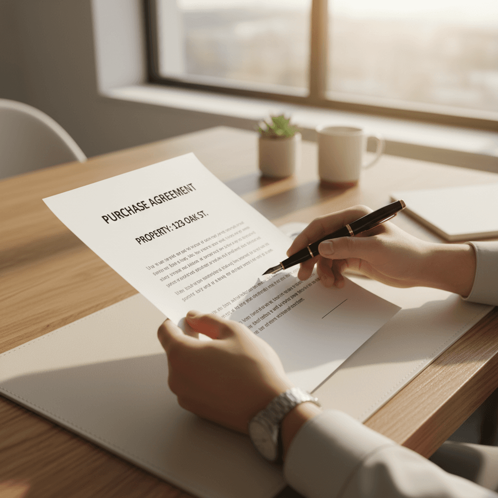 Agente inmobiliario revisando documentos de propiedad en un escritorio