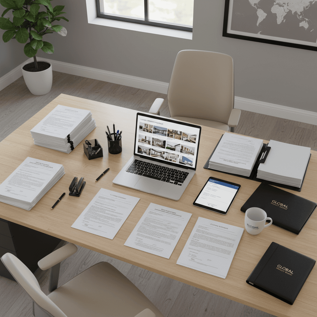 Documentos legales y contratos de bienes raíces en un escritorio de oficina