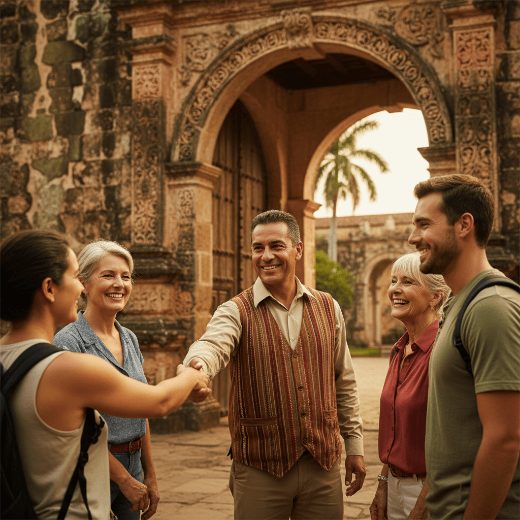 Guía de turismo saludando calurosamente a turistas internacionales en la entrada de un sitio histórico