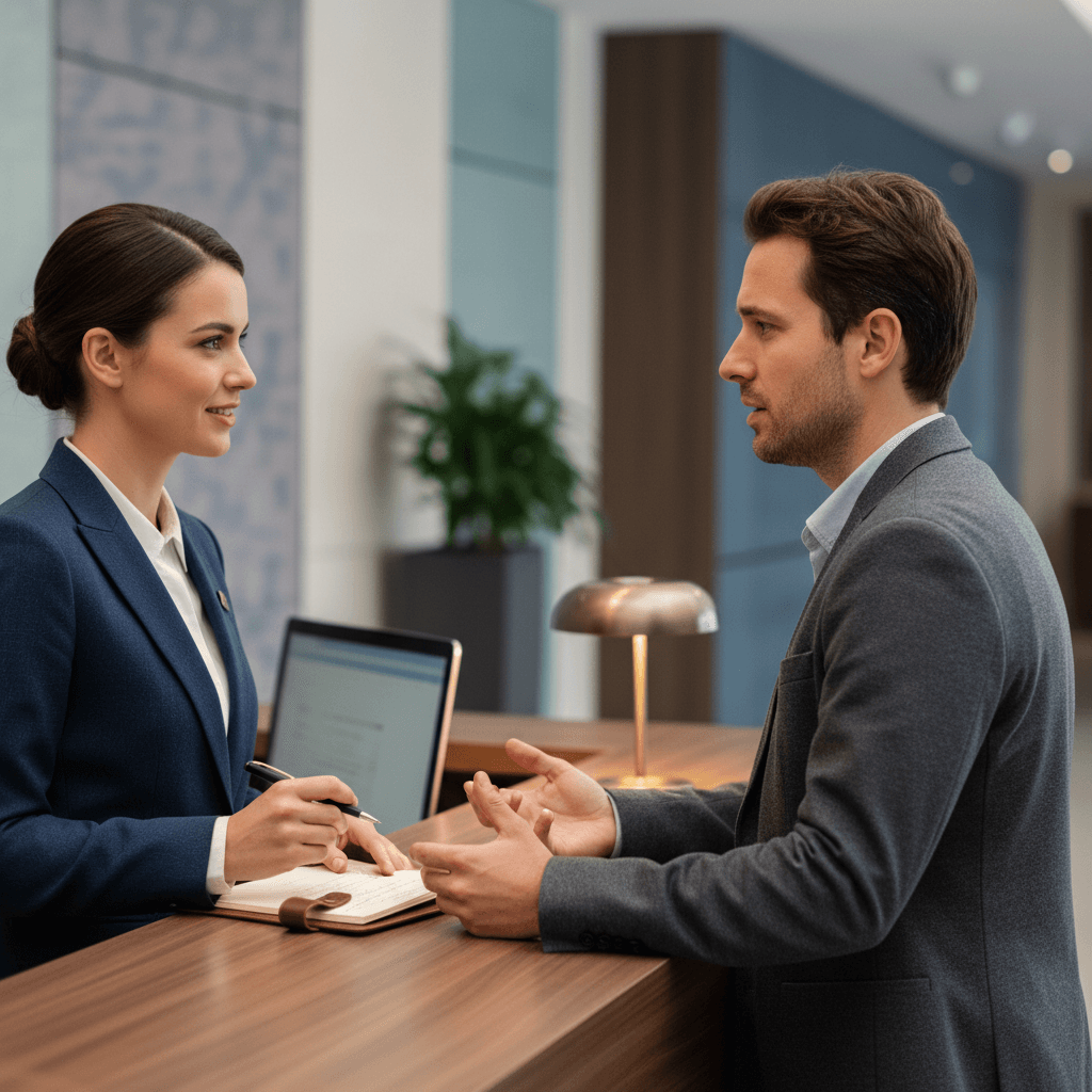 Empleado de hotel escuchando atentamente a un huésped