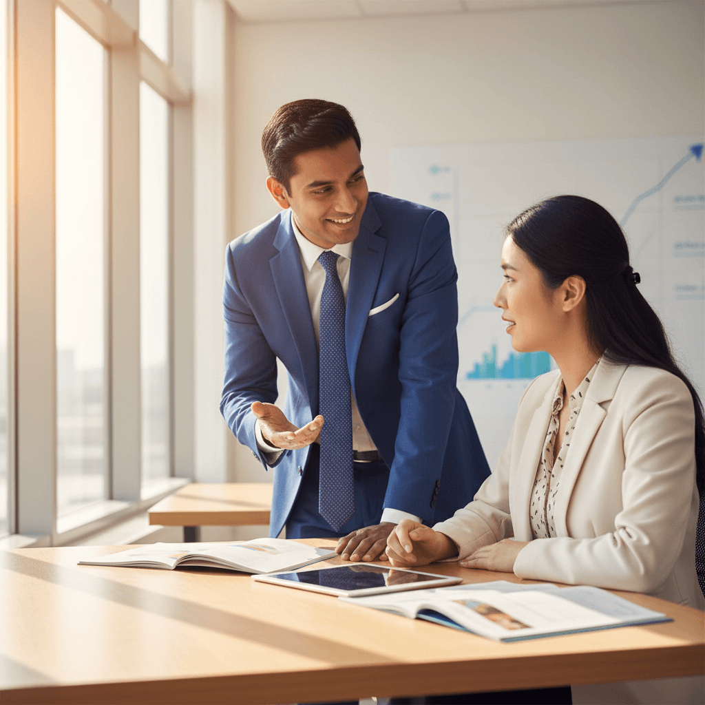 Banquero explicando productos y servicios financieros a un cliente en inglés
