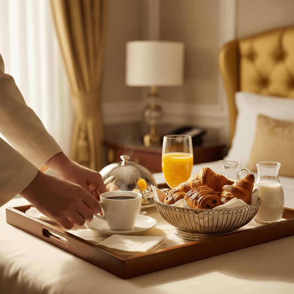 Personal de room service preparando bandeja de desayuno
