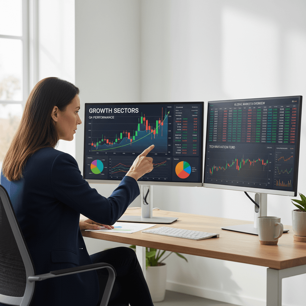 Asesor financiero analizando gráficos de inversiones y carteras en una computadora