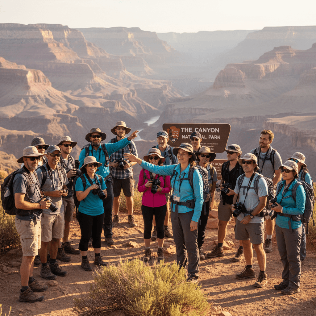 Guía turístico con grupo de turistas en destino internacional