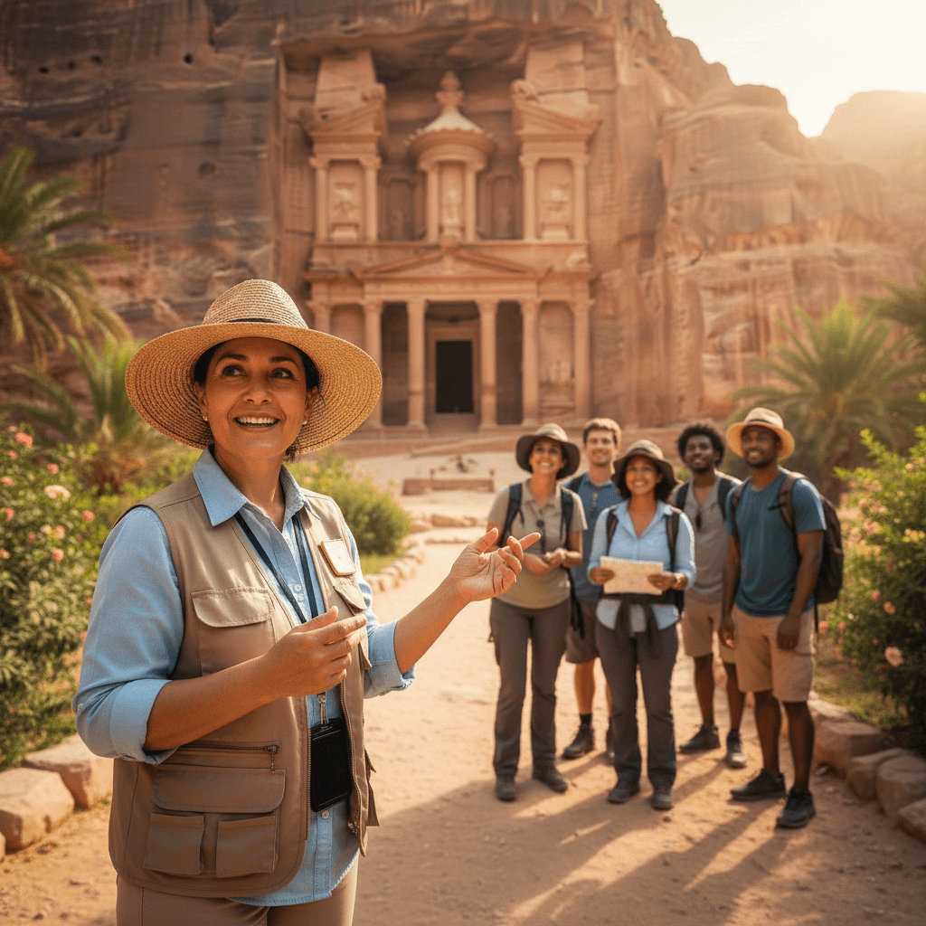 Guía explicando características de un atractivo turístico a un grupo pequeño de visitantes