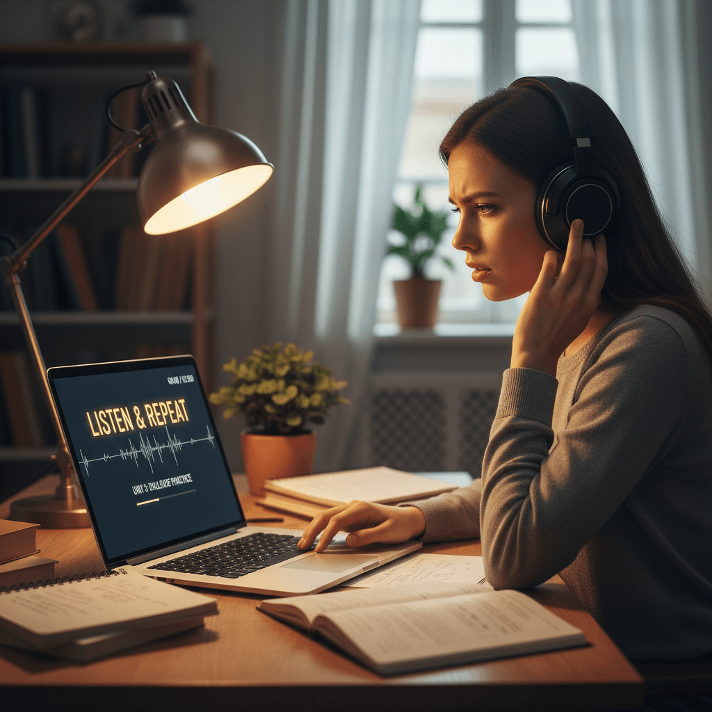 Estudiante practicando para el examen TOEFL con workbook personalizado