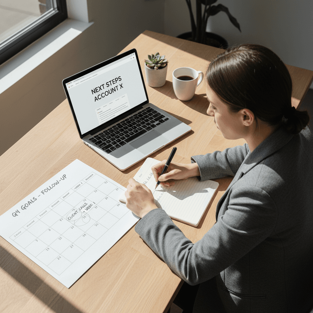 Profesional planificando seguimiento y próximos pasos con cliente extranjero