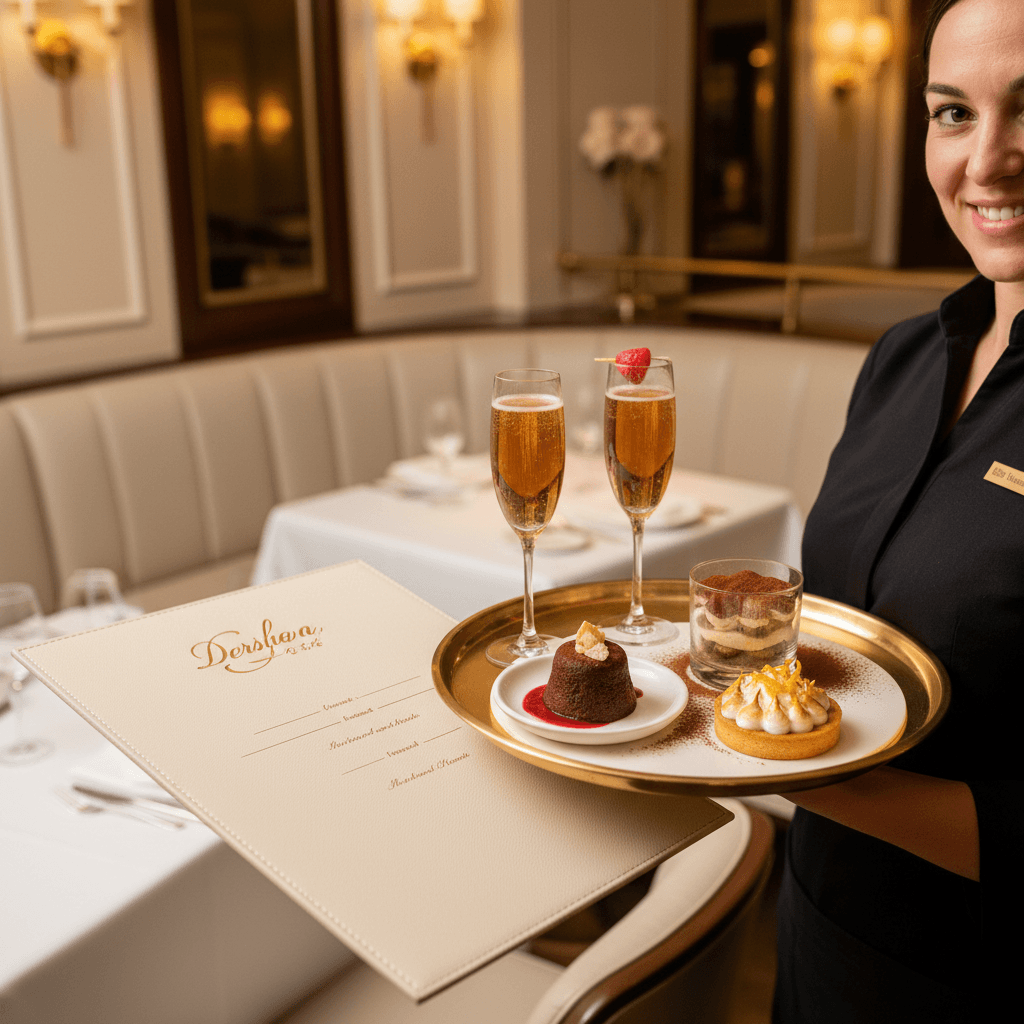 Mesero presentando postres y bebidas para aumentar ventas