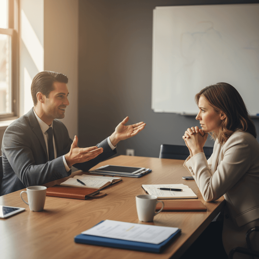 Dos profesionales negociando términos y precios en una reunión de negocios