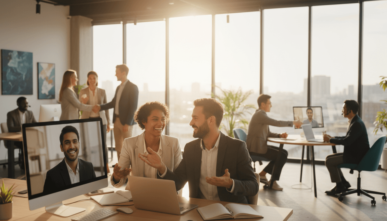 Equipo de ventas en una oficina moderna trabajando con clientes internacionales y cerrando tratos en inglés