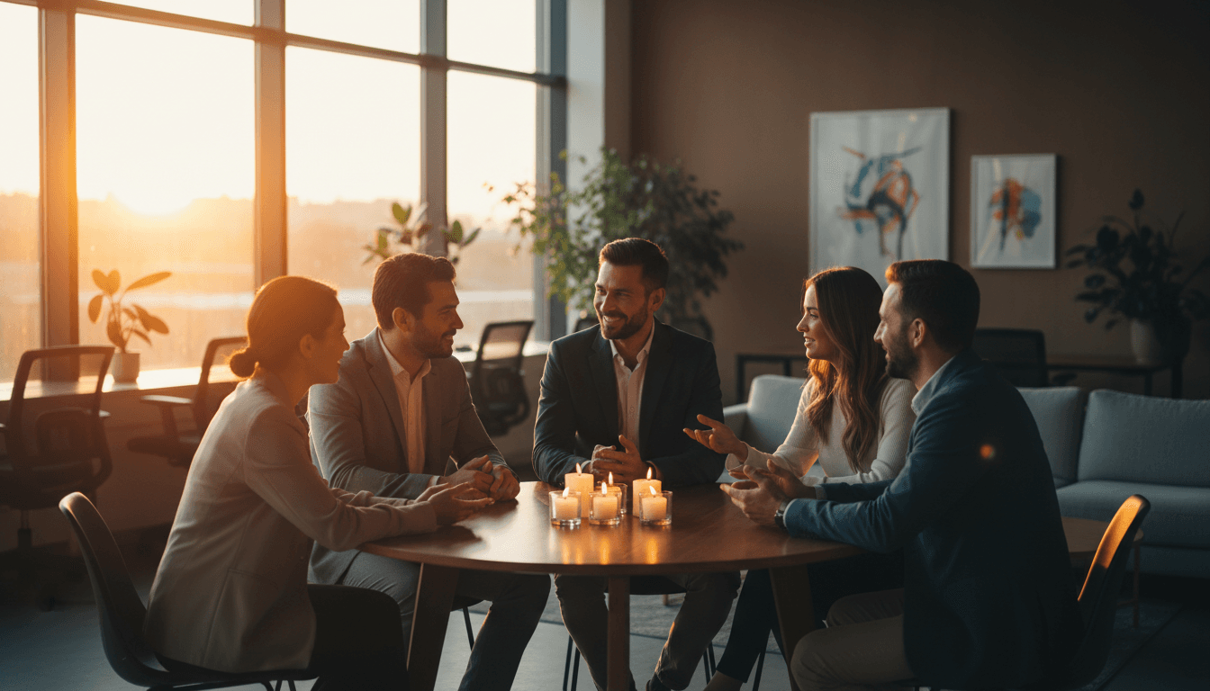 Profesionales diversos en una clase de inglés, sonriendo y conversando en un espacio moderno y acogedor