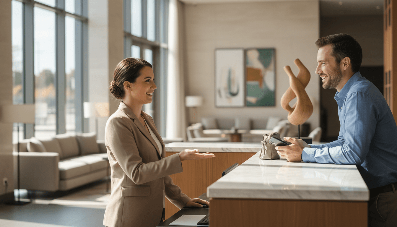 Recepcionista de hotel asistiendo a un huésped durante el check-in en una recepción moderna y acogedora