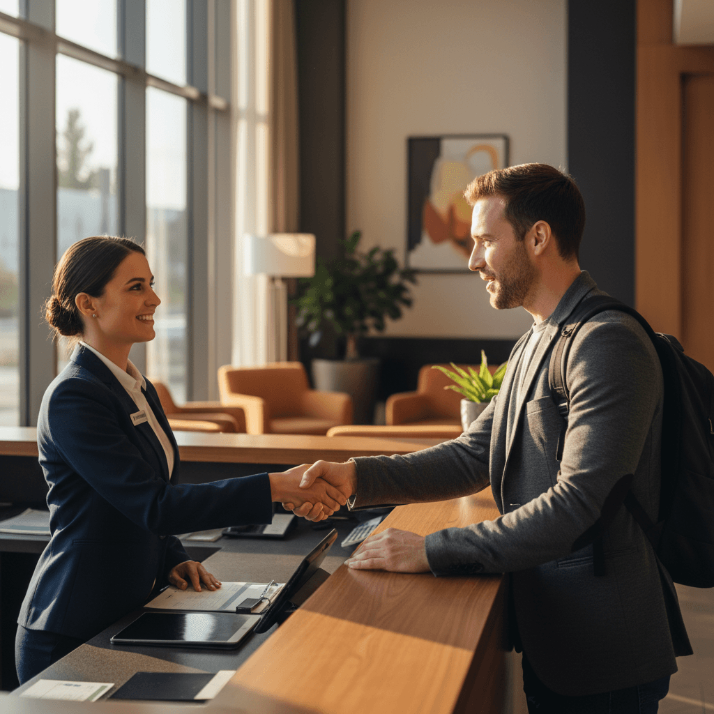 Recepcionista dando bienvenida a huésped en inglés
